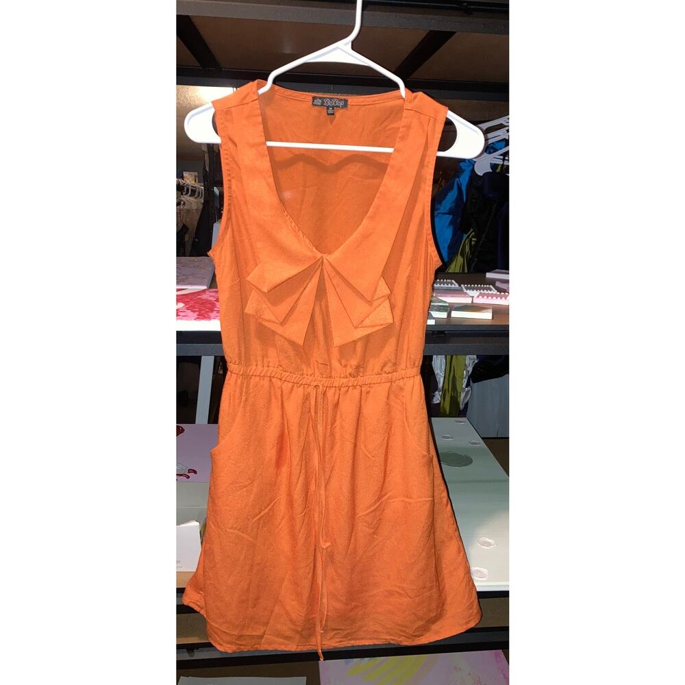 M Bebop orange statement neckline pleated mini short dress pockets drawstring